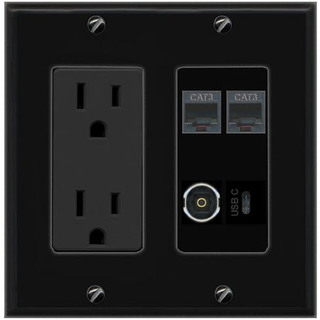 RiteAV 2 PHONE TOSLINK USBC Wall Plate with 15A Power Outlet [Black]