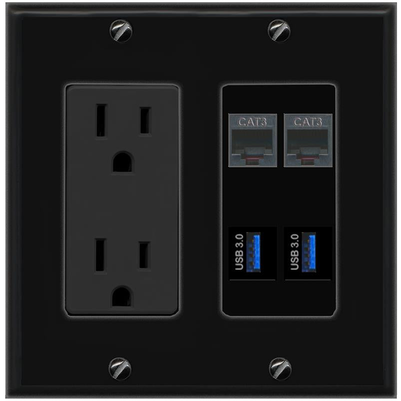 RiteAV 2 PHONE 2 USB-3 Wall Plate with 15A Power Outlet [Black]