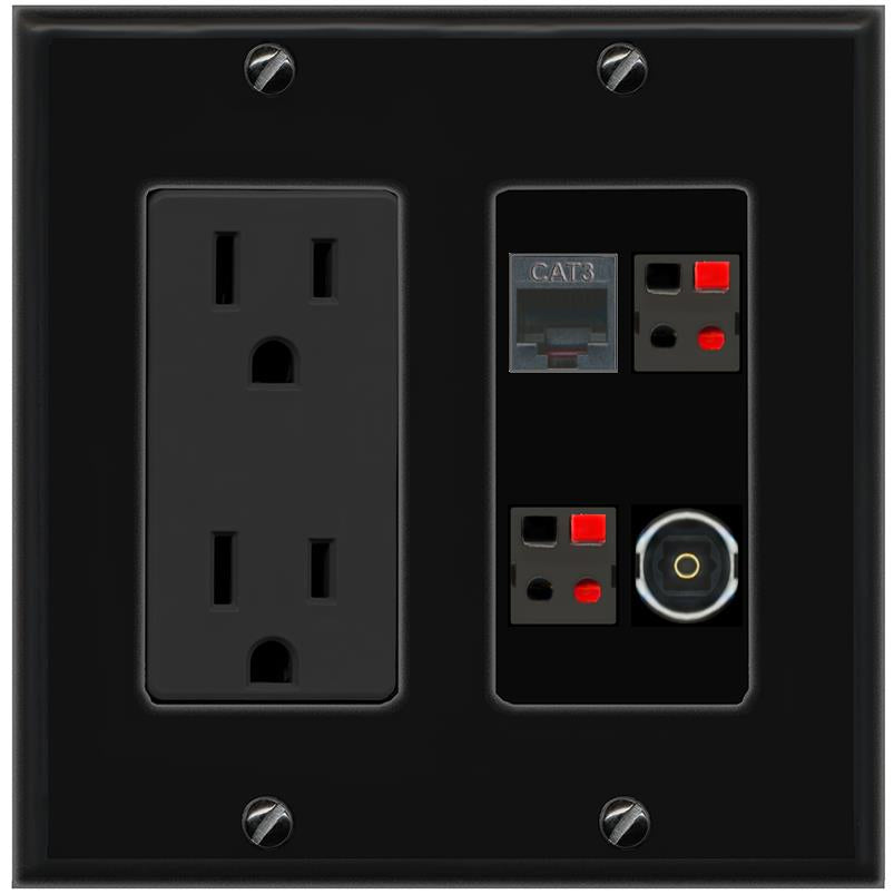 RiteAV PHONE 2 SPEAKER TOSLINK Wall Plate with 15A Power Outlet [Black]