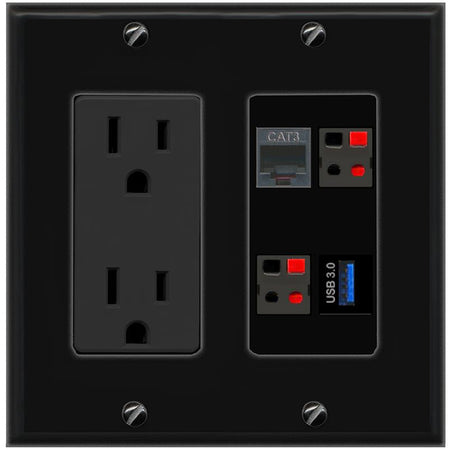 RiteAV PHONE 2 SPEAKER USB-3 Wall Plate with 15A Power Outlet [Black]