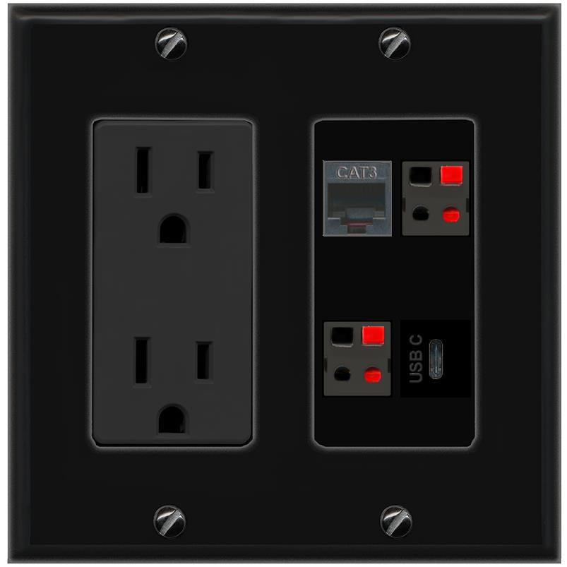 RiteAV PHONE 2 SPEAKER USBC Wall Plate with 15A Power Outlet [Black]