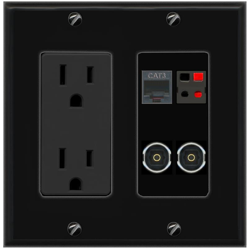 RiteAV PHONE SPEAKER 2 TOSLINK Wall Plate with 15A Power Outlet [Black]