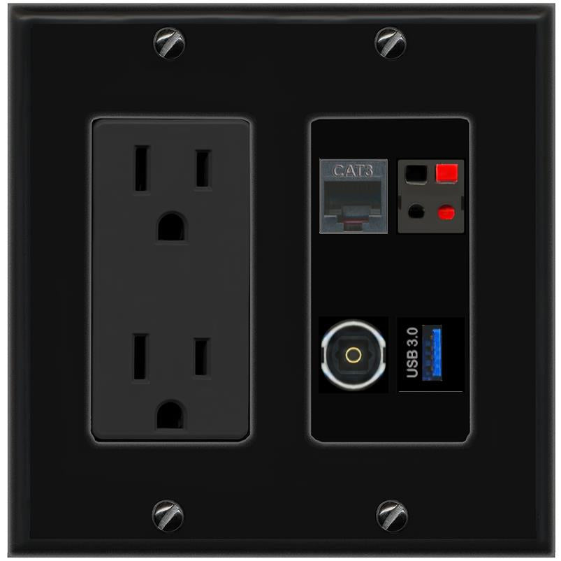 RiteAV PHONE SPEAKER TOSLINK USB-3 Wall Plate with 15A Power Outlet [Black]