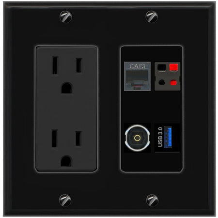 RiteAV PHONE SPEAKER TOSLINK USB-3 Wall Plate with 15A Power Outlet [Black]