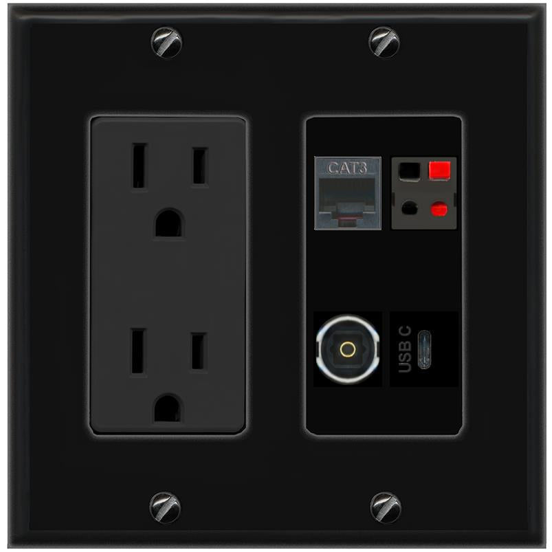 RiteAV PHONE SPEAKER TOSLINK USBC Wall Plate with 15A Power Outlet [Black]