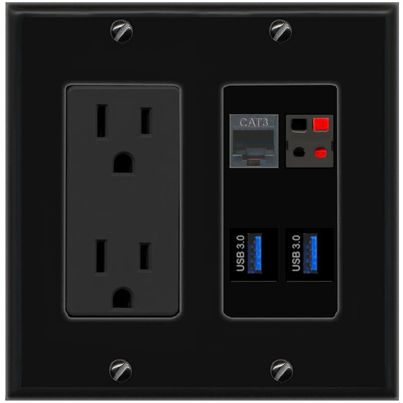 RiteAV PHONE SPEAKER 2 USB-3 Wall Plate with 15A Power Outlet [Black]