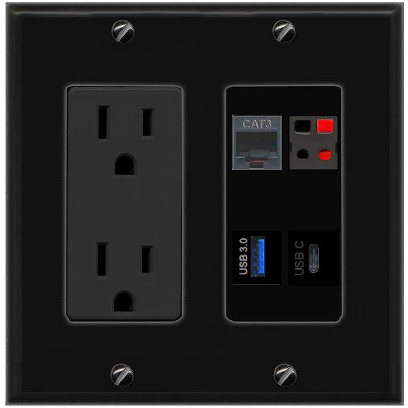 RiteAV PHONE SPEAKER USB-3 USBC Wall Plate with 15A Power Outlet [Black]