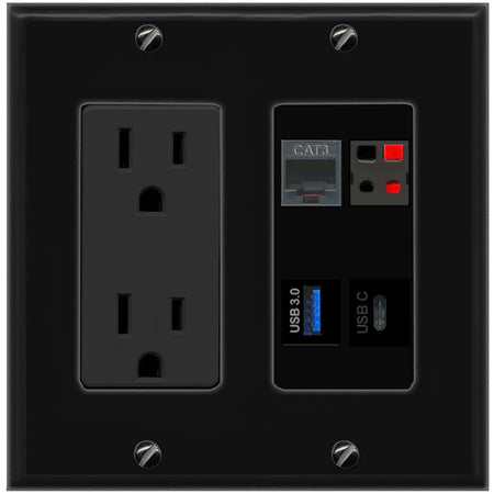 RiteAV PHONE SPEAKER USB-3 USBC Wall Plate with 15A Power Outlet [Black]