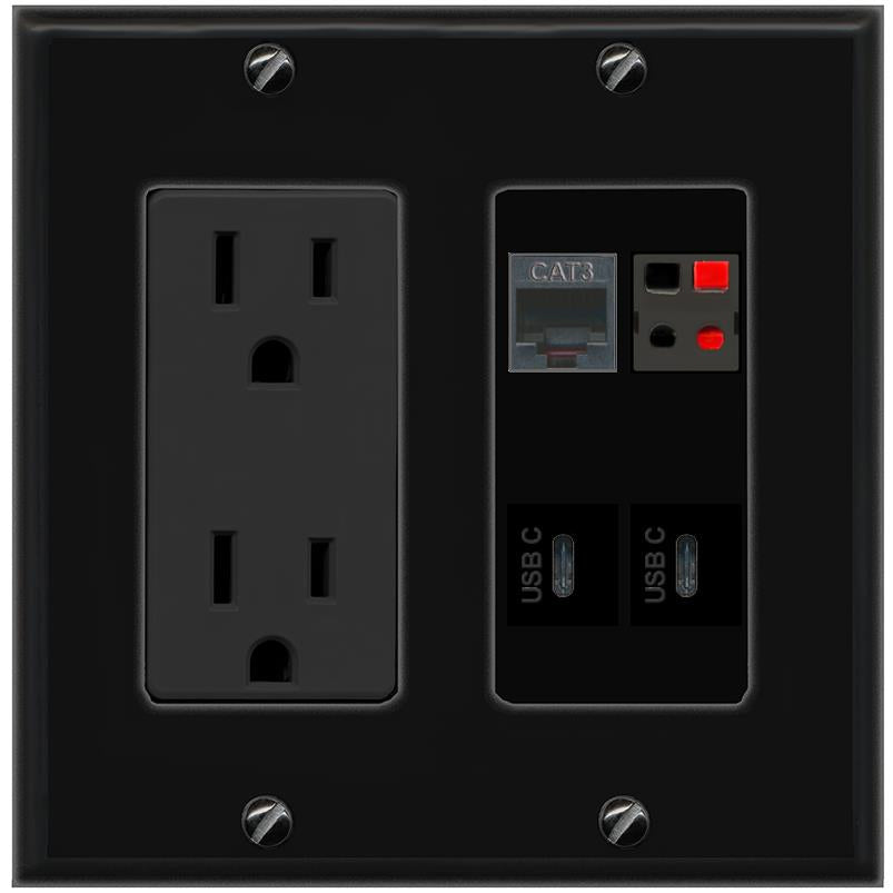 RiteAV PHONE SPEAKER 2 USBC Wall Plate with 15A Power Outlet [Black]