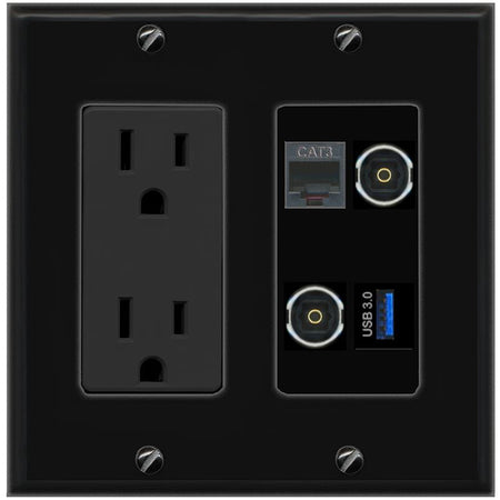 RiteAV PHONE 2 TOSLINK USB-3 Wall Plate with 15A Power Outlet [Black]