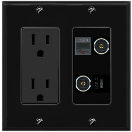 RiteAV PHONE 2 TOSLINK USBC Wall Plate with 15A Power Outlet [Black]