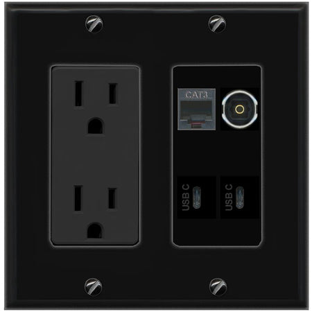 RiteAV PHONE TOSLINK 2 USBC Wall Plate with 15A Power Outlet [Black]