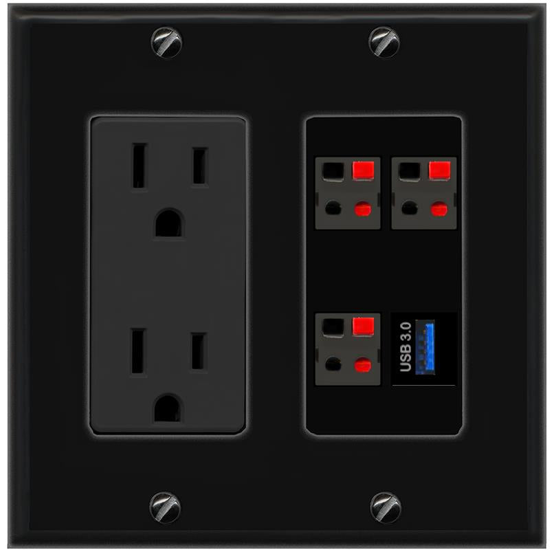 RiteAV 3 SPEAKER USB-3 Wall Plate with 15A Power Outlet [Black]