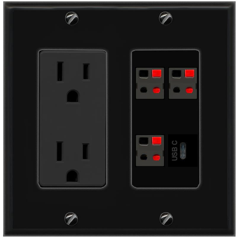 RiteAV 3 SPEAKER USBC Wall Plate with 15A Power Outlet [Black]