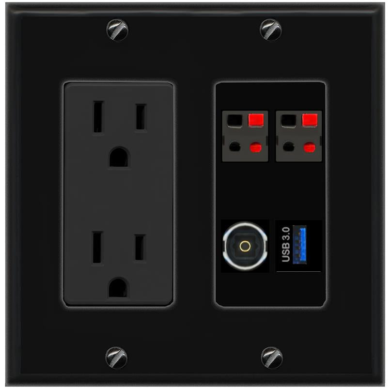 RiteAV 2 SPEAKER TOSLINK USB-3 Wall Plate with 15A Power Outlet [Black]