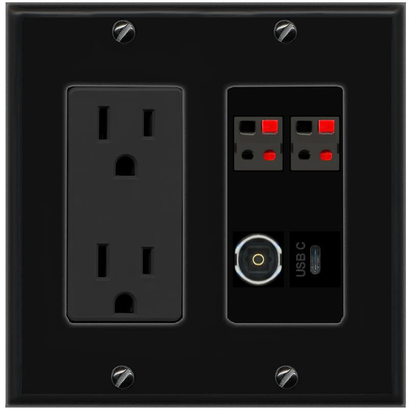 RiteAV 2 SPEAKER TOSLINK USBC Wall Plate with 15A Power Outlet [Black]