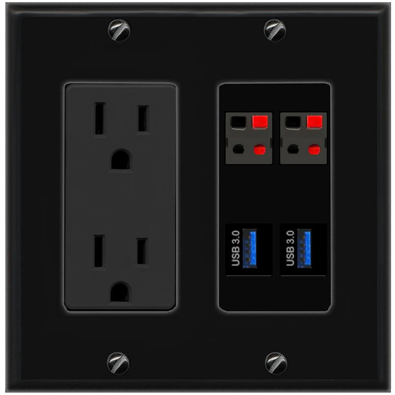 RiteAV 2 SPEAKER 2 USB-3 Wall Plate with 15A Power Outlet [Black]