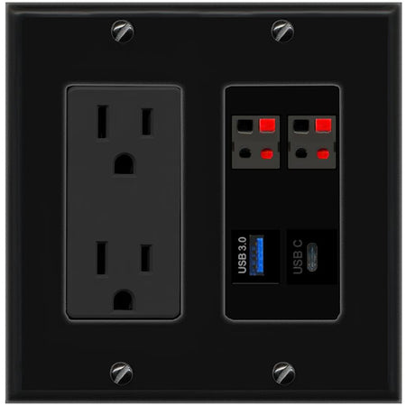 RiteAV 2 SPEAKER USB-3 USBC Wall Plate with 15A Power Outlet [Black]
