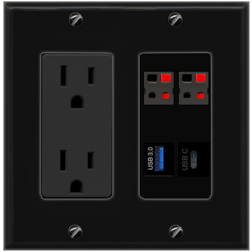RiteAV 2 SPEAKER USB-3 USBC Wall Plate with 15A Power Outlet [Black]