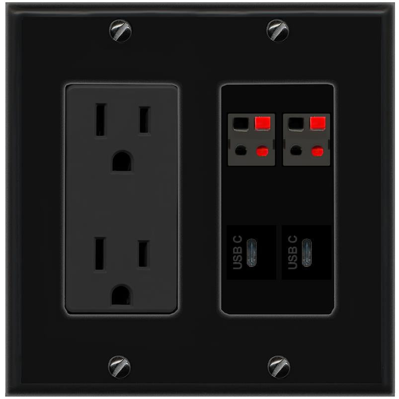 RiteAV 2 SPEAKER 2 USBC Wall Plate with 15A Power Outlet [Black]