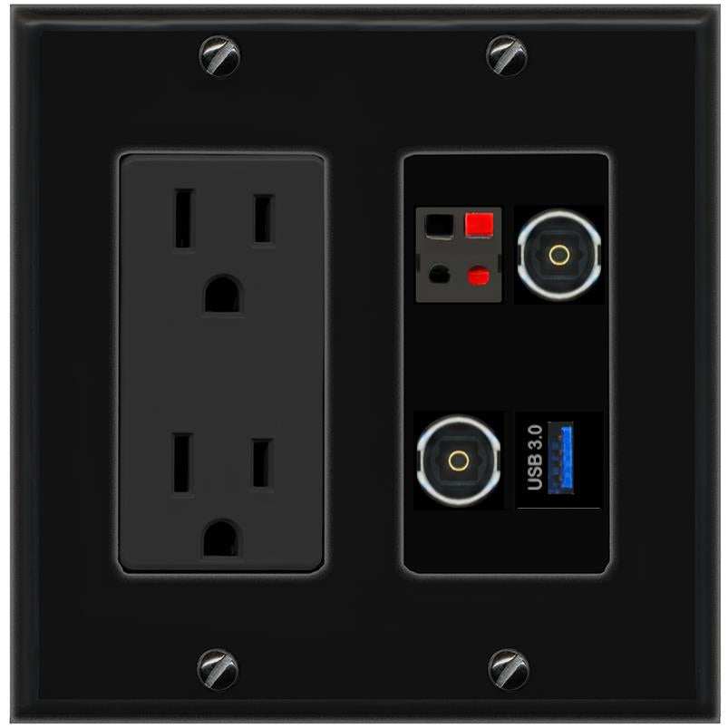 RiteAV SPEAKER 2 TOSLINK USB-3 Wall Plate with 15A Power Outlet [Black]