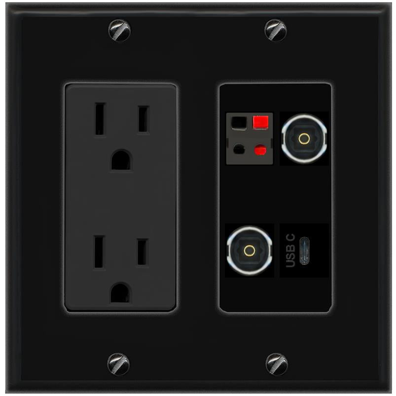 RiteAV SPEAKER 2 TOSLINK USBC Wall Plate with 15A Power Outlet [Black]
