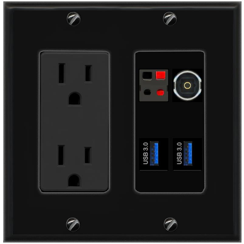 RiteAV SPEAKER TOSLINK 2 USB-3 Wall Plate with 15A Power Outlet [Black]