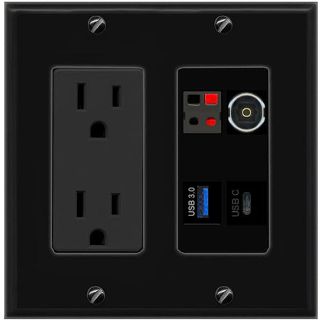 RiteAV SPEAKER TOSLINK USB-3 USBC Wall Plate with 15A Power Outlet [Black]