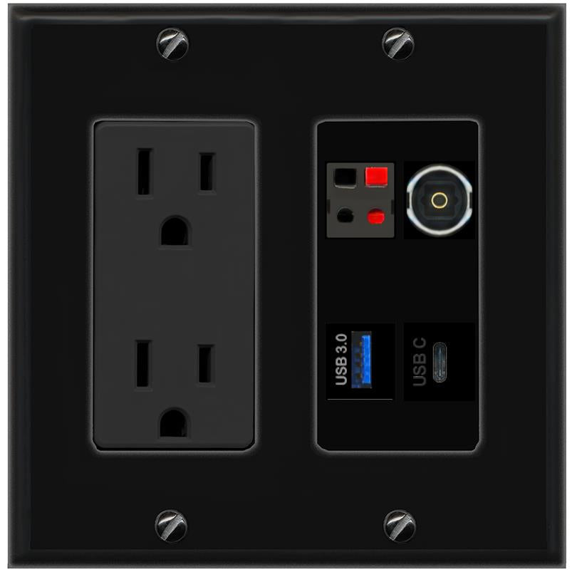 RiteAV SPEAKER TOSLINK USB-3 USBC Wall Plate with 15A Power Outlet [Black]