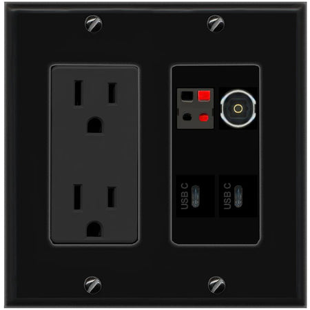 RiteAV SPEAKER TOSLINK 2 USBC Wall Plate with 15A Power Outlet [Black]