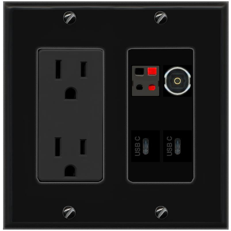 RiteAV SPEAKER TOSLINK 2 USBC Wall Plate with 15A Power Outlet [Black]