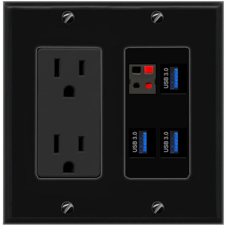 RiteAV SPEAKER 3 USB-3 Wall Plate with 15A Power Outlet [Black]