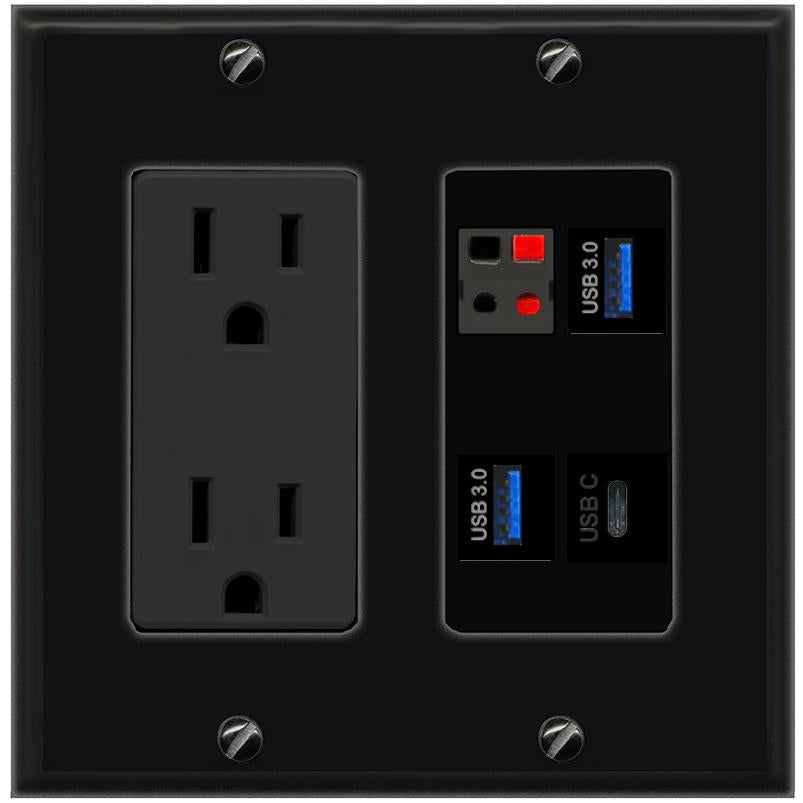 RiteAV SPEAKER 2 USB-3 USBC Wall Plate with 15A Power Outlet [Black]