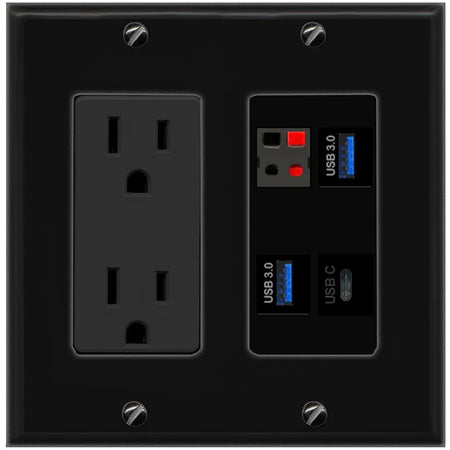 RiteAV SPEAKER 2 USB-3 USBC Wall Plate with 15A Power Outlet [Black]