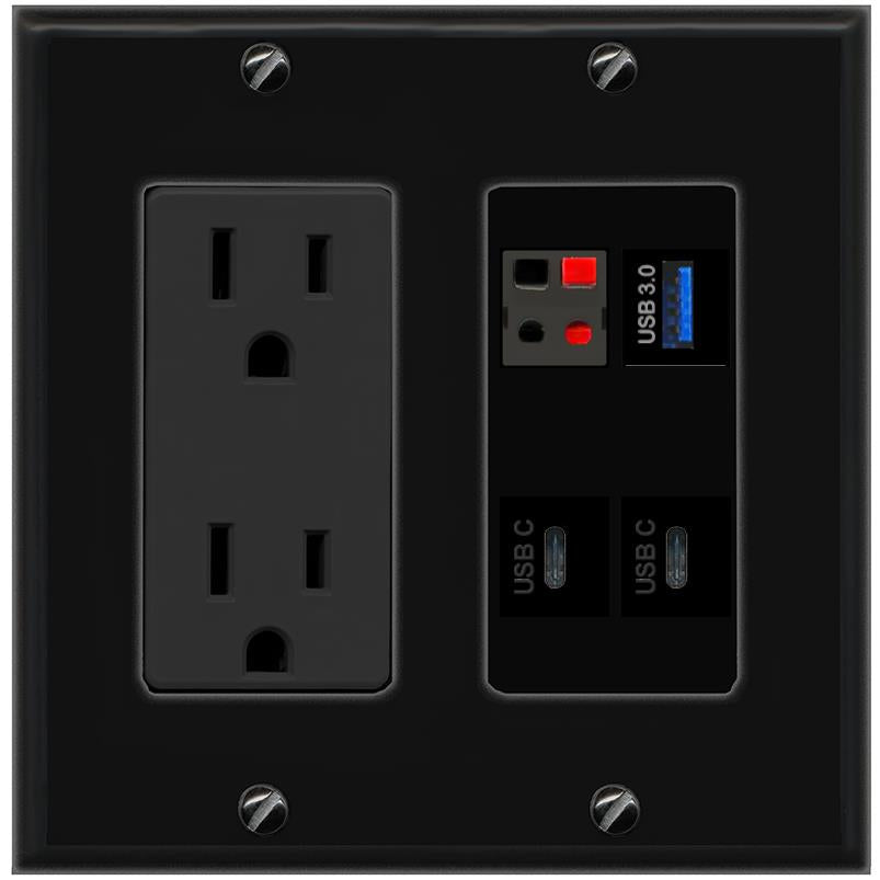 RiteAV SPEAKER USB-3 2 USBC Wall Plate with 15A Power Outlet [Black]