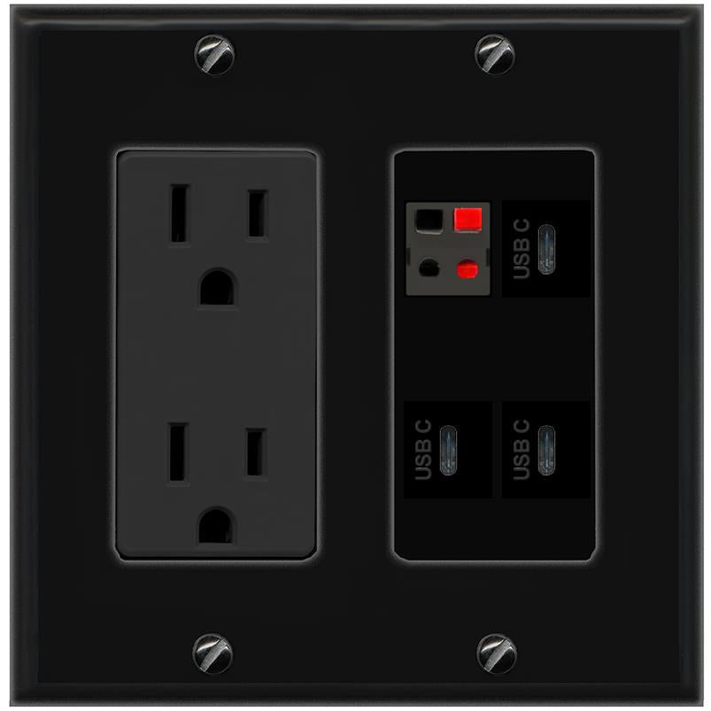 RiteAV SPEAKER 3 USBC Wall Plate with 15A Power Outlet [Black]