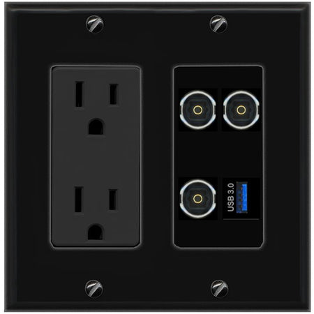 RiteAV 3 TOSLINK USB-3 Wall Plate with 15A Power Outlet [Black]
