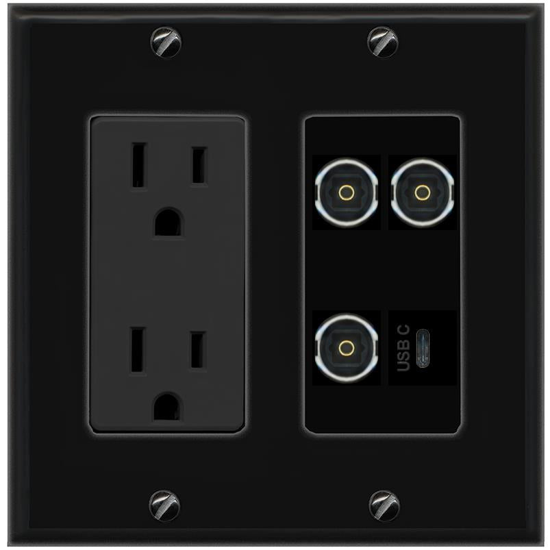RiteAV 3 TOSLINK USBC Wall Plate with 15A Power Outlet [Black]