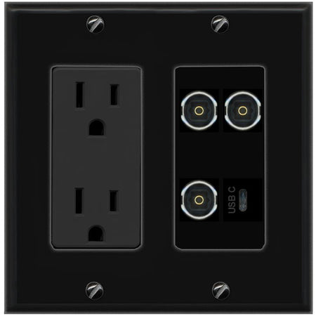 RiteAV 3 TOSLINK USBC Wall Plate with 15A Power Outlet [Black]