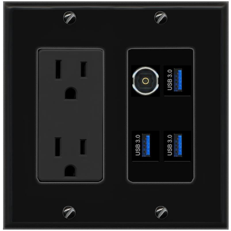 RiteAV TOSLINK 3 USB-3 Wall Plate with 15A Power Outlet [Black]