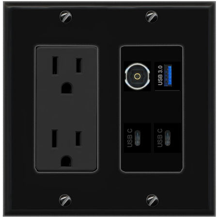 RiteAV TOSLINK USB-3 2 USBC Wall Plate with 15A Power Outlet [Black]
