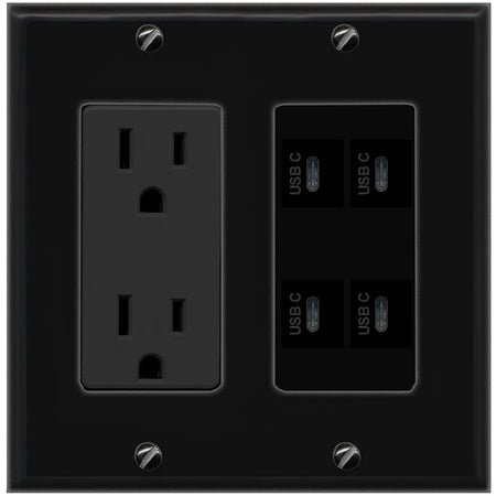RiteAV 4 USBC Wall Plate with 15A Power Outlet [Black]