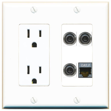 RiteAV 3 3.5mm CAT7 Wall Plate with 15A Power Outlet [White]