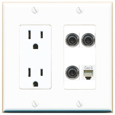 RiteAV 3 3.5mm PHONE Wall Plate with 15A Power Outlet [White]
