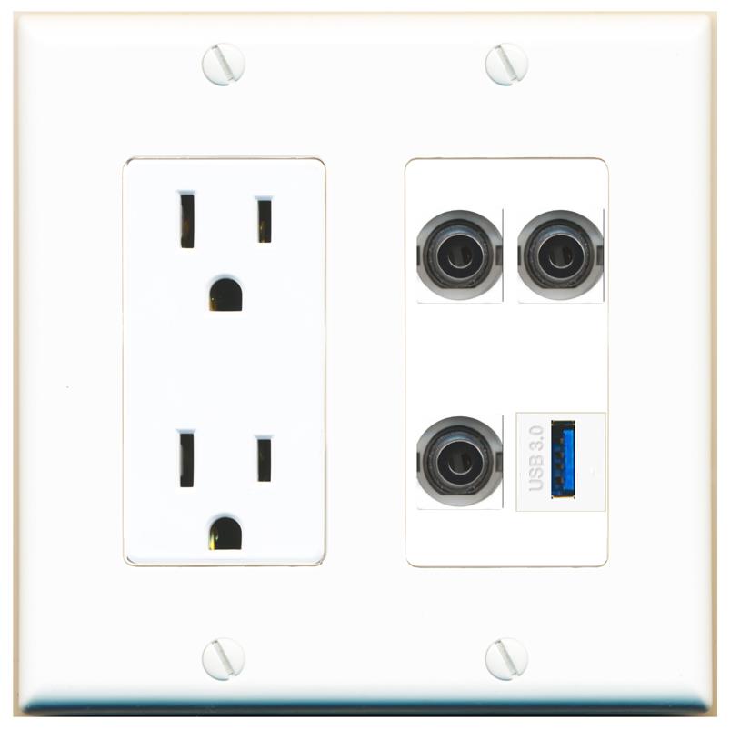 RiteAV 3 3.5mm USB-3 Wall Plate with 15A Power Outlet [White]
