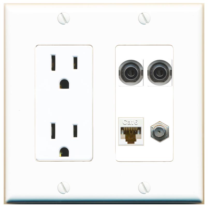 RiteAV 2 3.5mm CAT6 COAX Wall Plate with 15A Power Outlet [White]