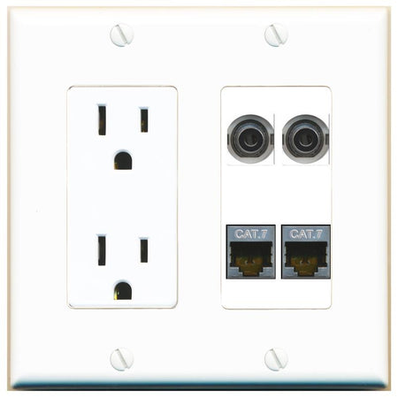 RiteAV 2 3.5mm 2 CAT7 Wall Plate with 15A Power Outlet [White]