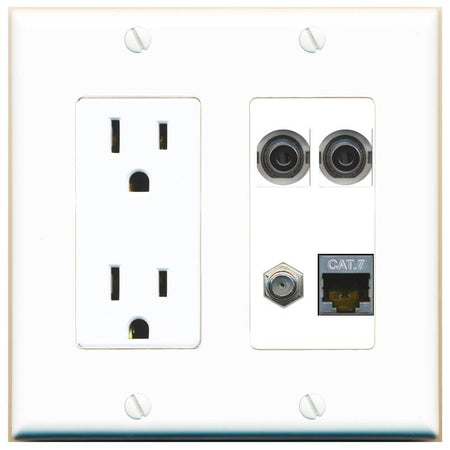 RiteAV 2 3.5mm CAT7 COAX Wall Plate with 15A Power Outlet [White]
