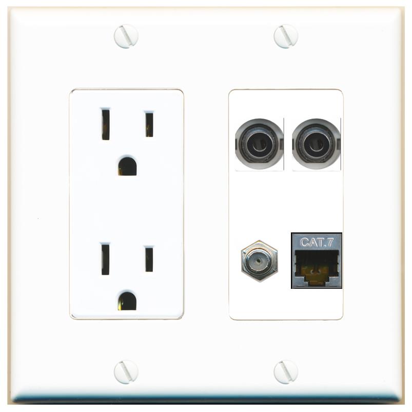 RiteAV 2 3.5mm CAT7 COAX Wall Plate with 15A Power Outlet [White]