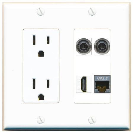 RiteAV 2 3.5mm CAT7 HDMI Wall Plate with 15A Power Outlet [White]